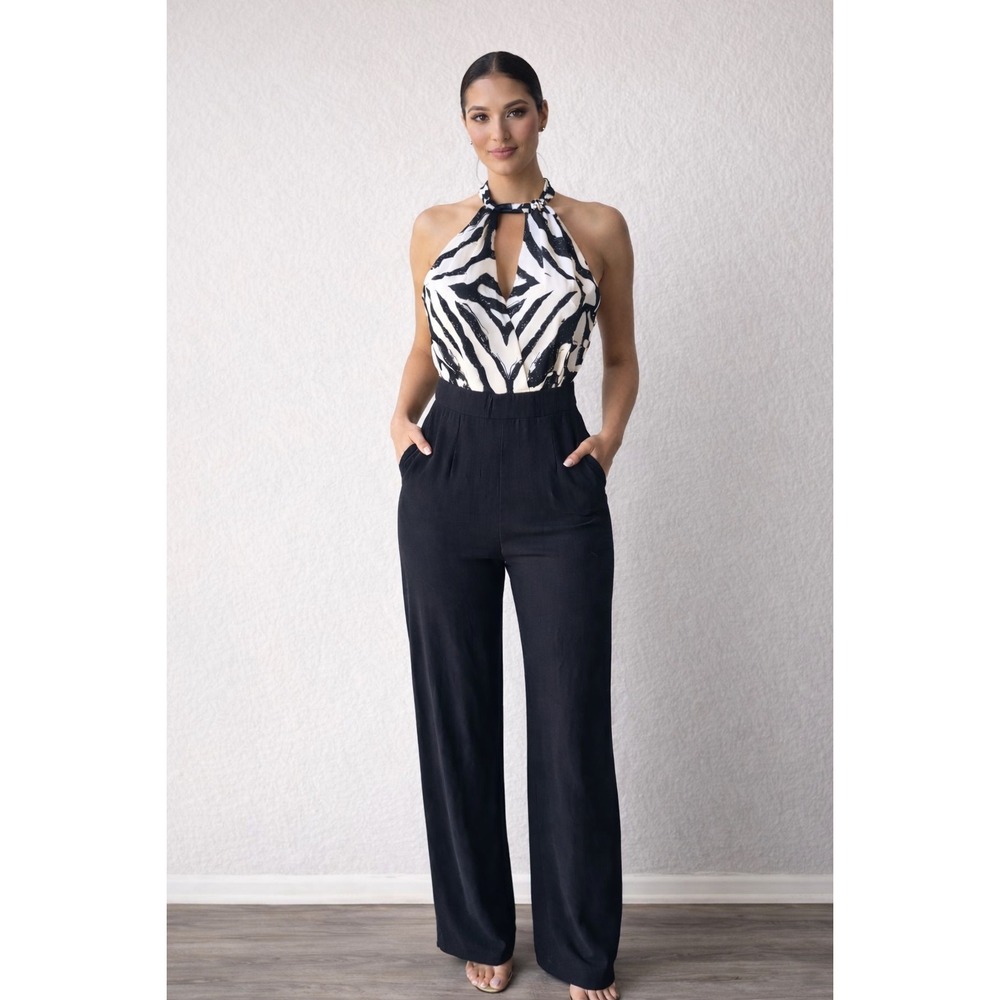 Marciano Women's Jumpsuit‎ S Black White Zebra Print Halter Wide Leg Pockets